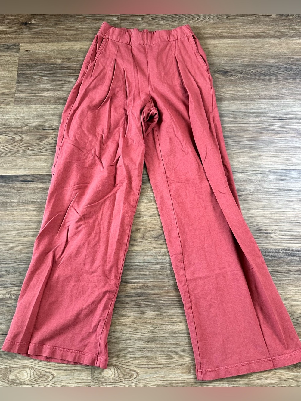 Aerie Wide Leg Pleated Pants Womens XS Burnt Rose Red Cotton Elastic Waist Knit